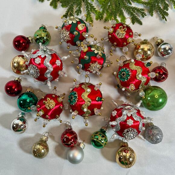 Handmade Other - Lot 24 Small Glass & Push Pin Satin Ball Christmas Ornaments Vintage Handmade